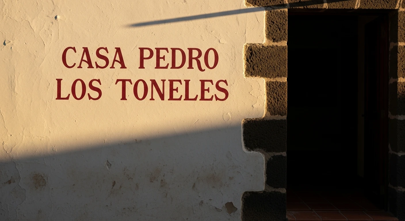 Hand-painted Casa Pedro Los Toneles signage on weathered plaster wall, daylight, La Laguna