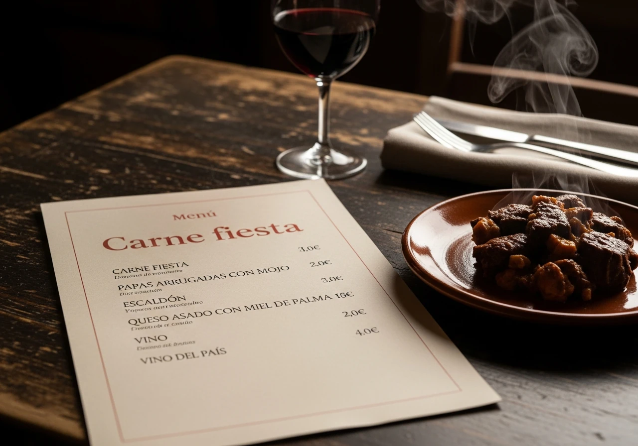 Casa Pedro menu on worn dark-wood table beside Canarian dishes and a glass of wine