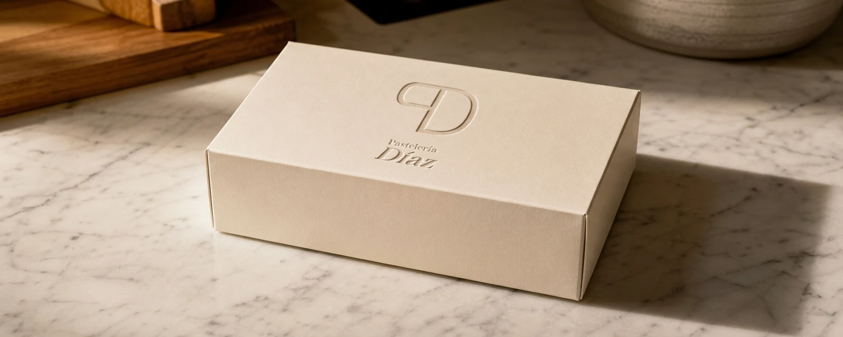 Pastelería Díaz branded box resting on a marble counter in morning light, La Laguna