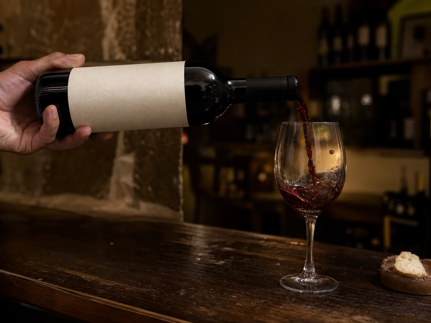 Mano sirviendo vino, etiqueta en primer plano