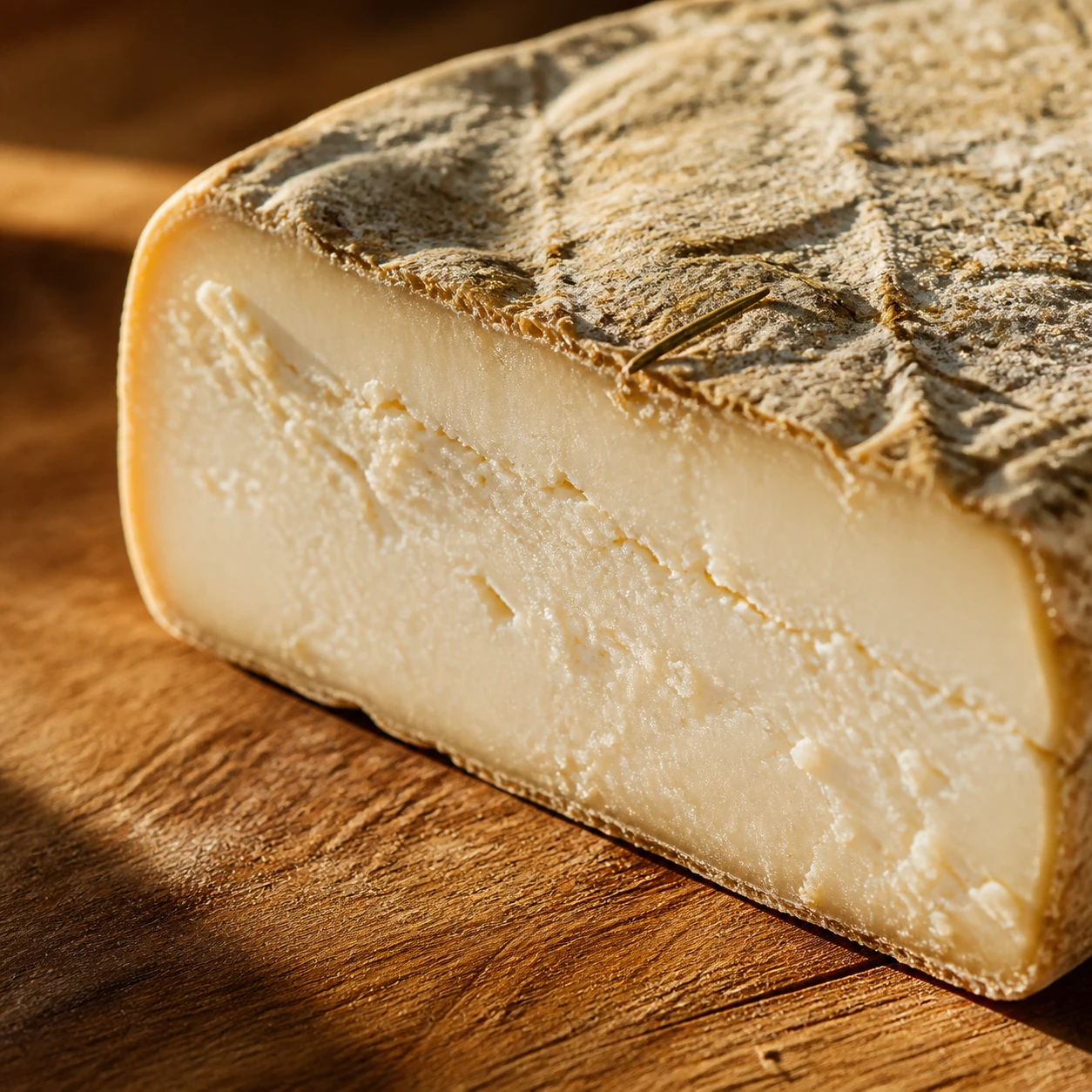 Primer plano extremo de la corteza natural de un queso Montesdeoca — textura, tiempo, proceso