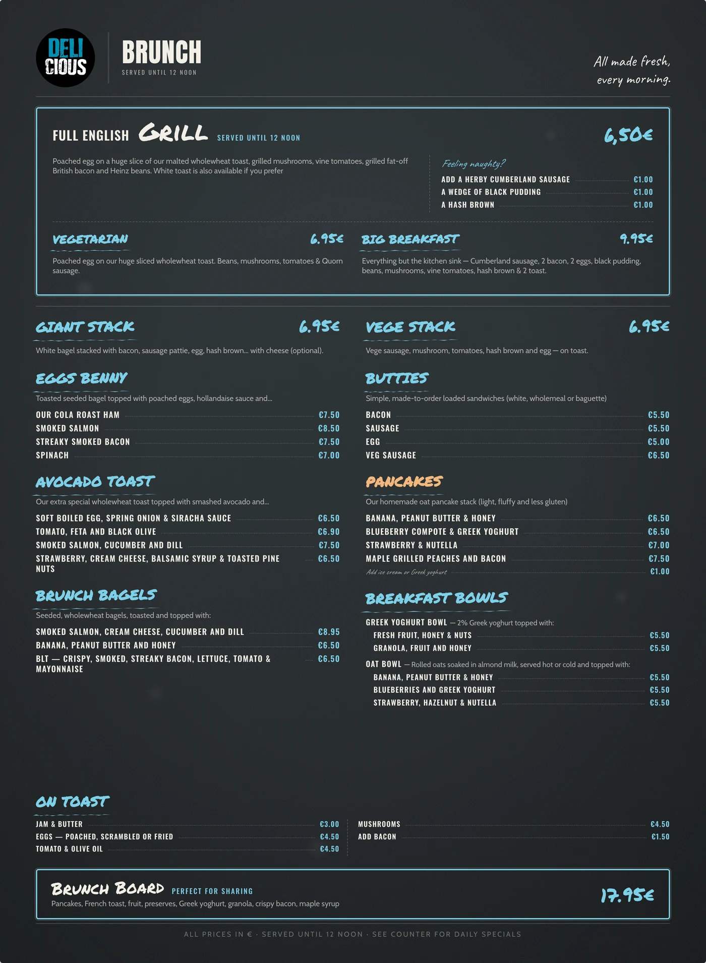 Delicious Brunch menu, dark theme — print design by Viva Grafix