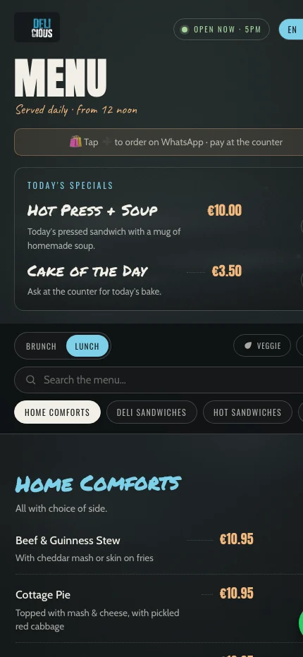 Delicious website — menu & ordering