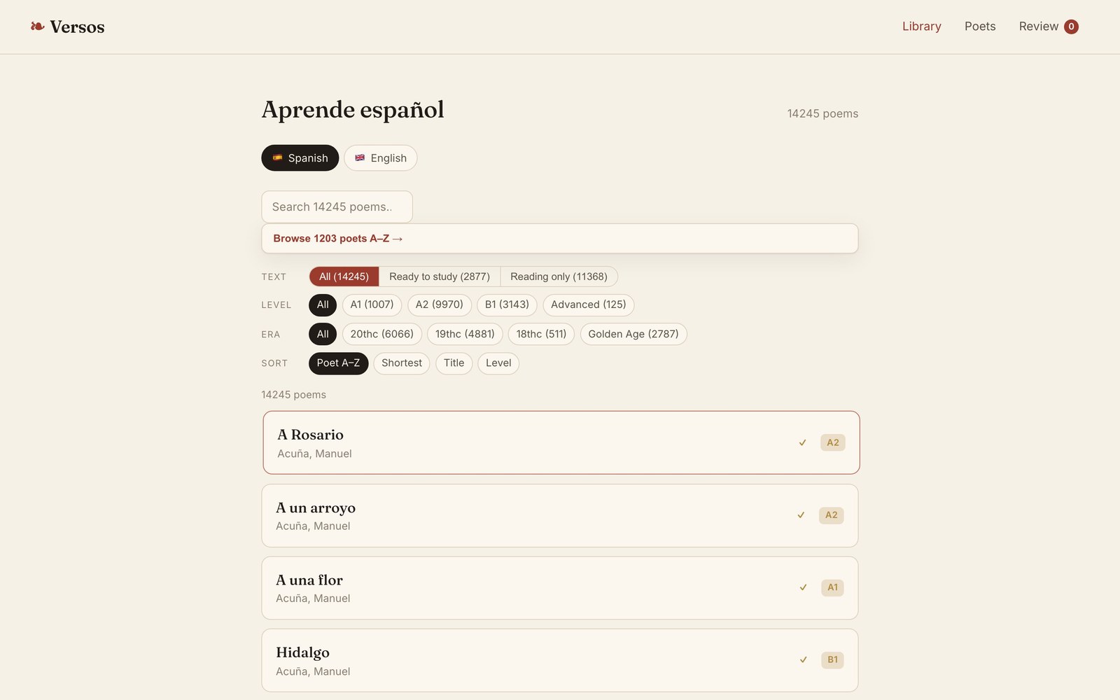Versos — Spanish poetry library with level, era and poet filters across 14,245 poems