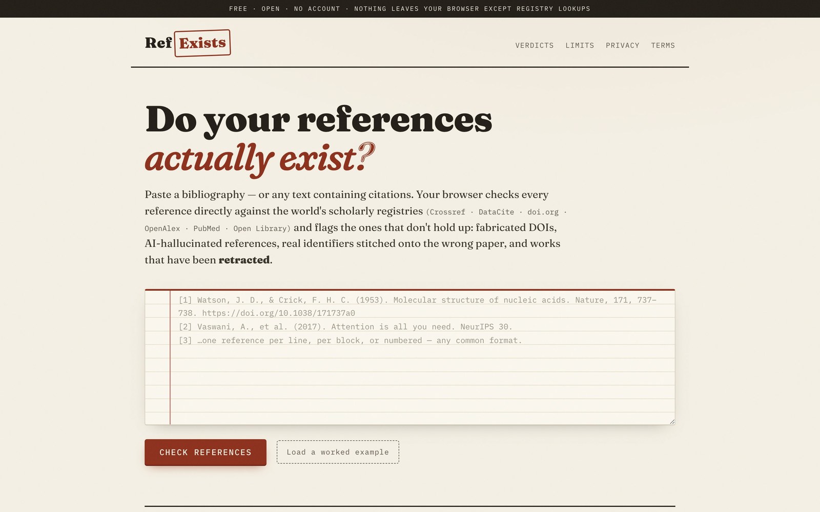 RefExists — homepage with paste-in bibliography checker under the headline 'Do your references actually exist?'