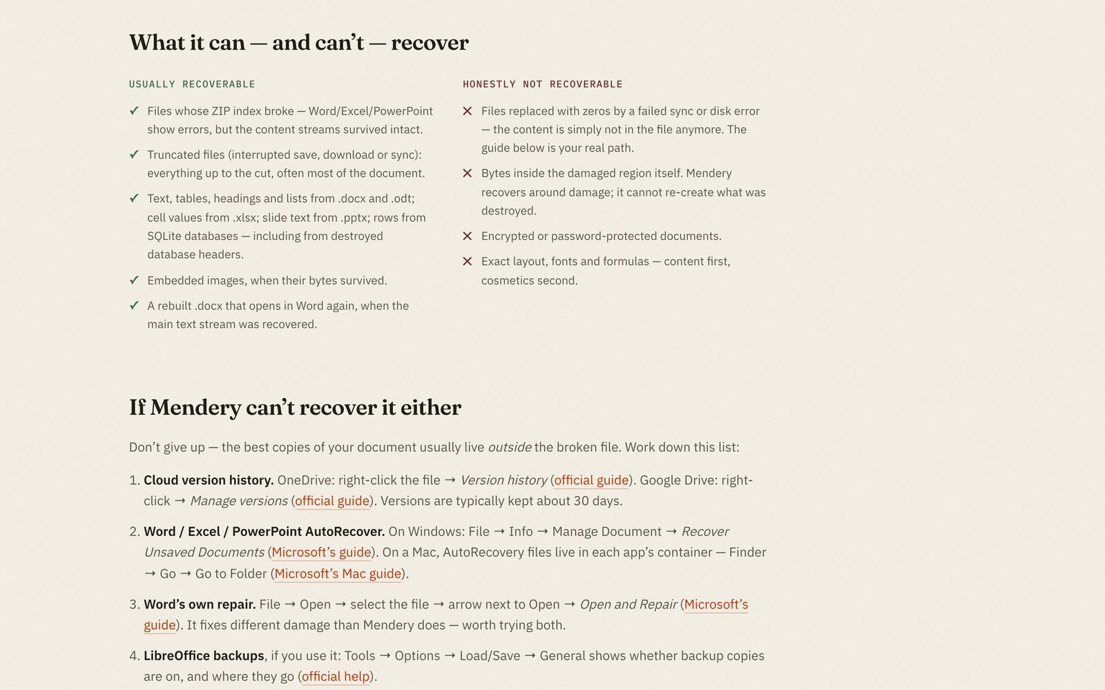 Mendery — what it can and can't recover, with the recovery checklist beneath