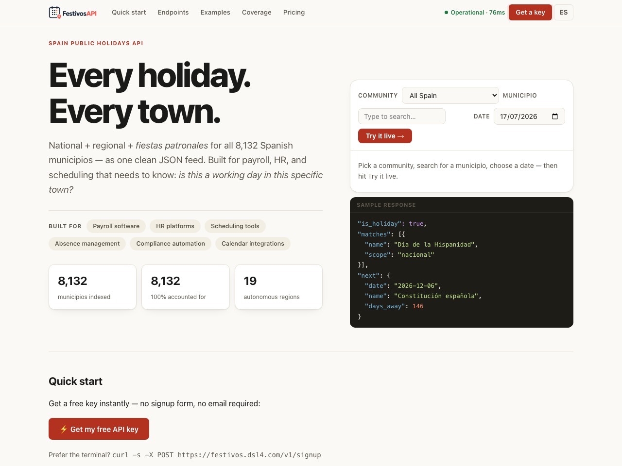 FestivosAPI — live site, designed and built by Viva Grafix