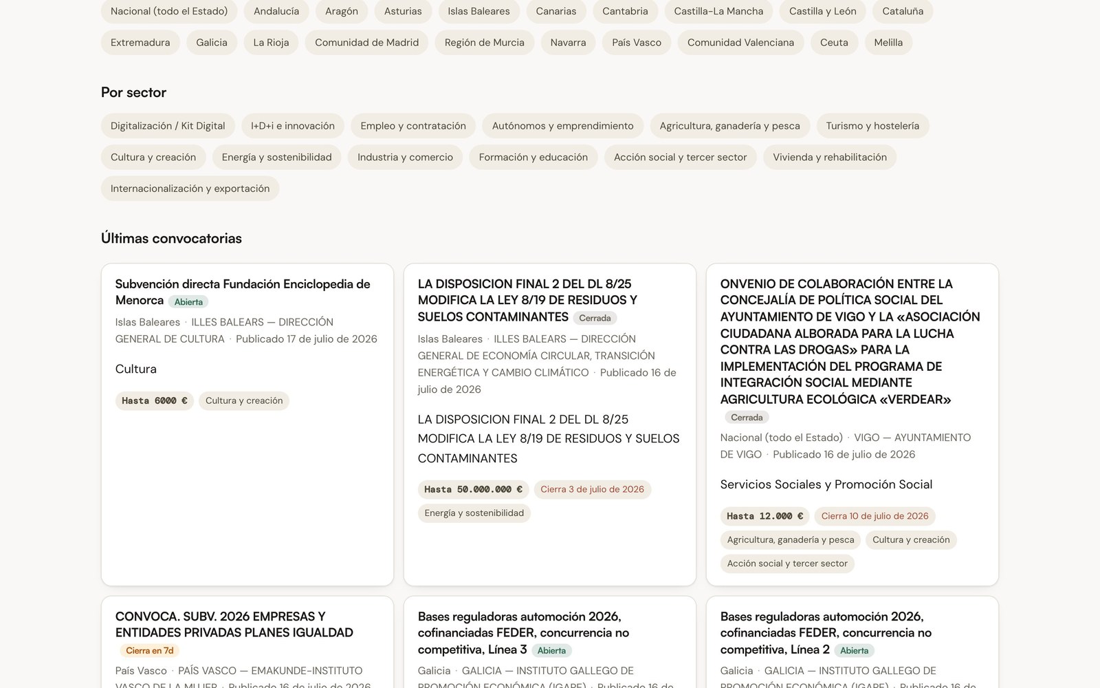 Subvenio — grant browser filtered by region and sector, cards carrying amounts and deadlines