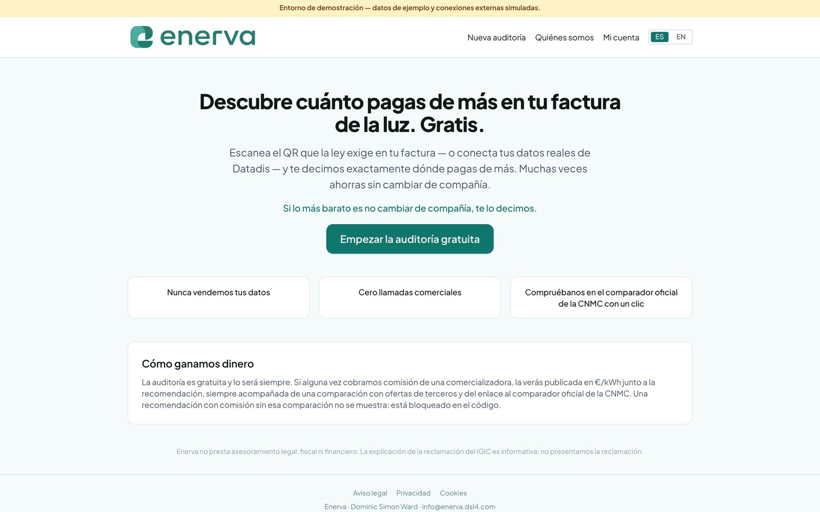 Enerva — free electricity-bill audit hero with the 'how we make money' transparency box