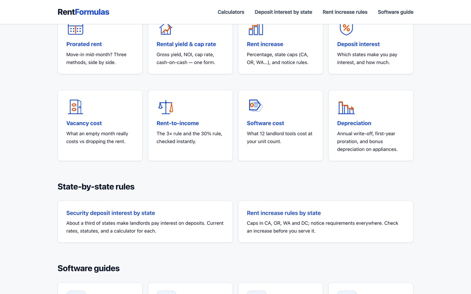 RentFormulas — calculator grid with state-by-state deposit interest and rent increase rules below