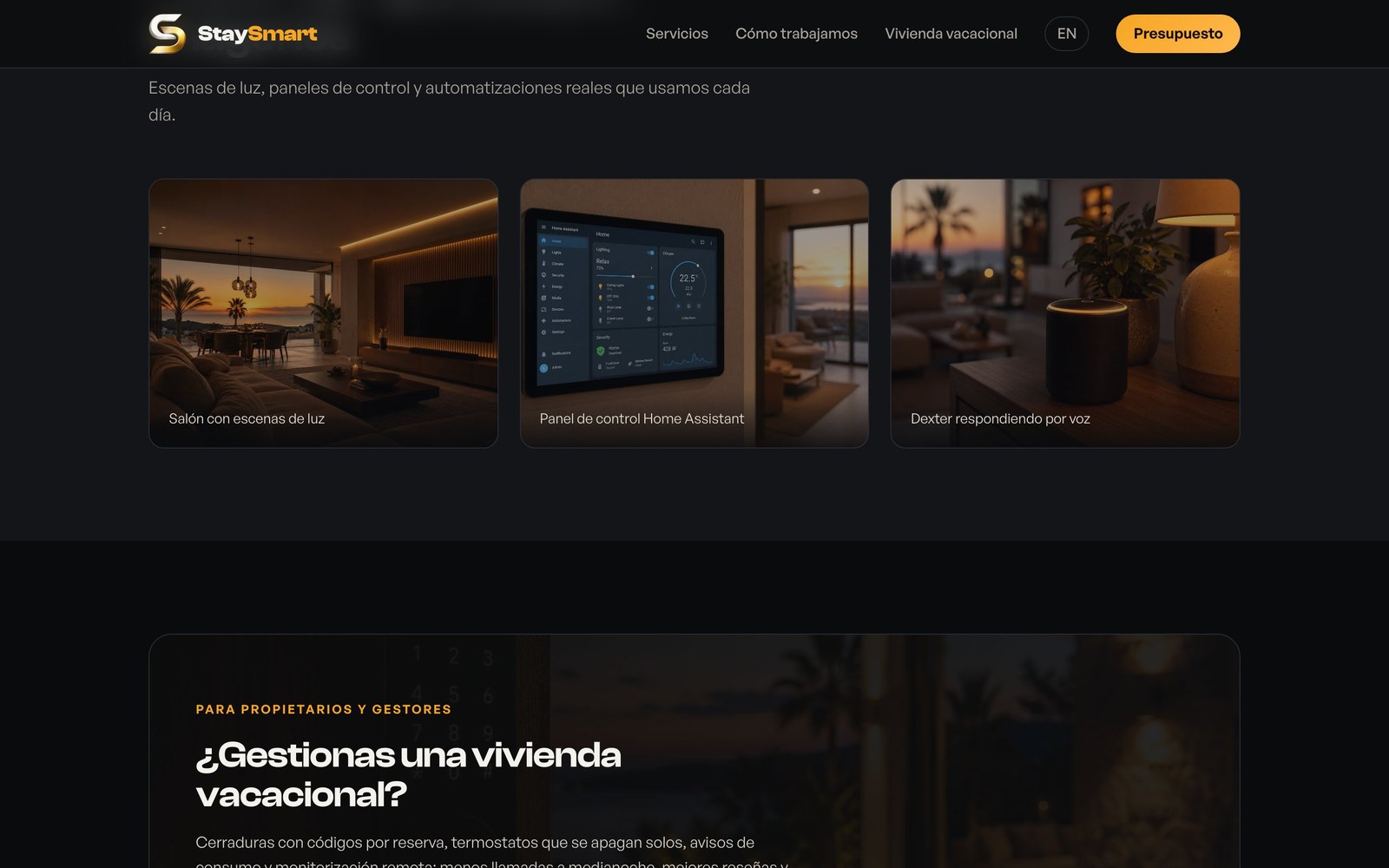 StaySmart Services — gallery: salón light scenes, Home Assistant wall panel, voice assistant answering