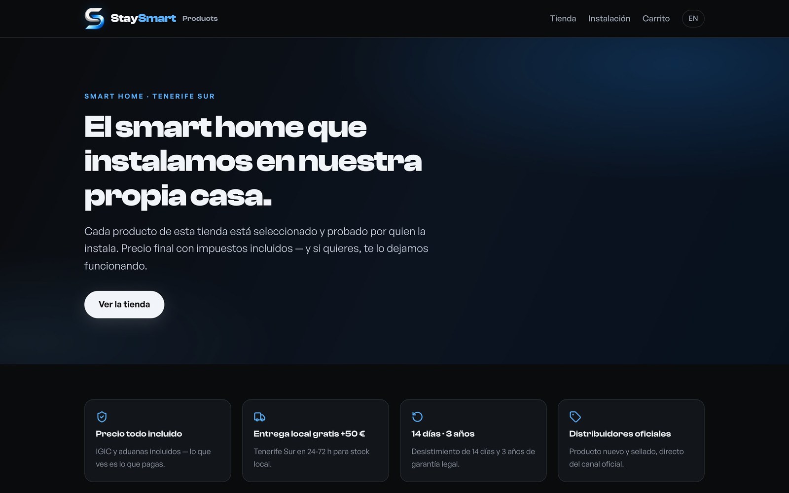 StaySmart Products — shop hero: the smart home we install in our own house, prices final with taxes included