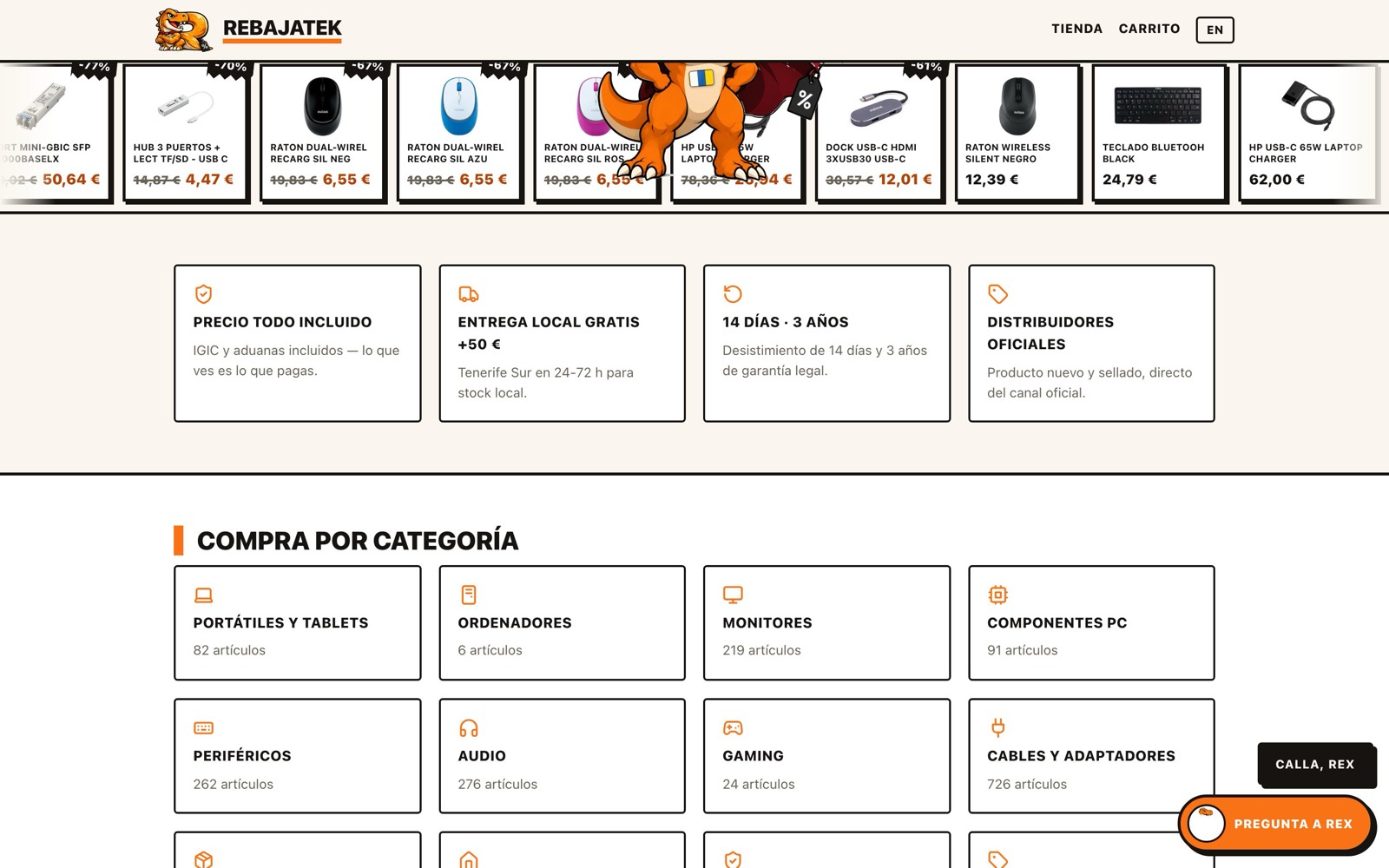 Rebajatek — Rex the mascot standing over the deals row, above the four promise cards: precio todo incluido, entrega local gratis, 14 días · 3 años, distribuidores oficiales