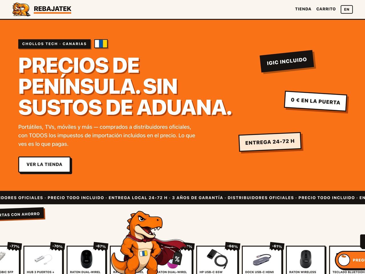 Rebajatek — live site hero: mainland prices, no customs surprises — designed and built by Viva Grafix